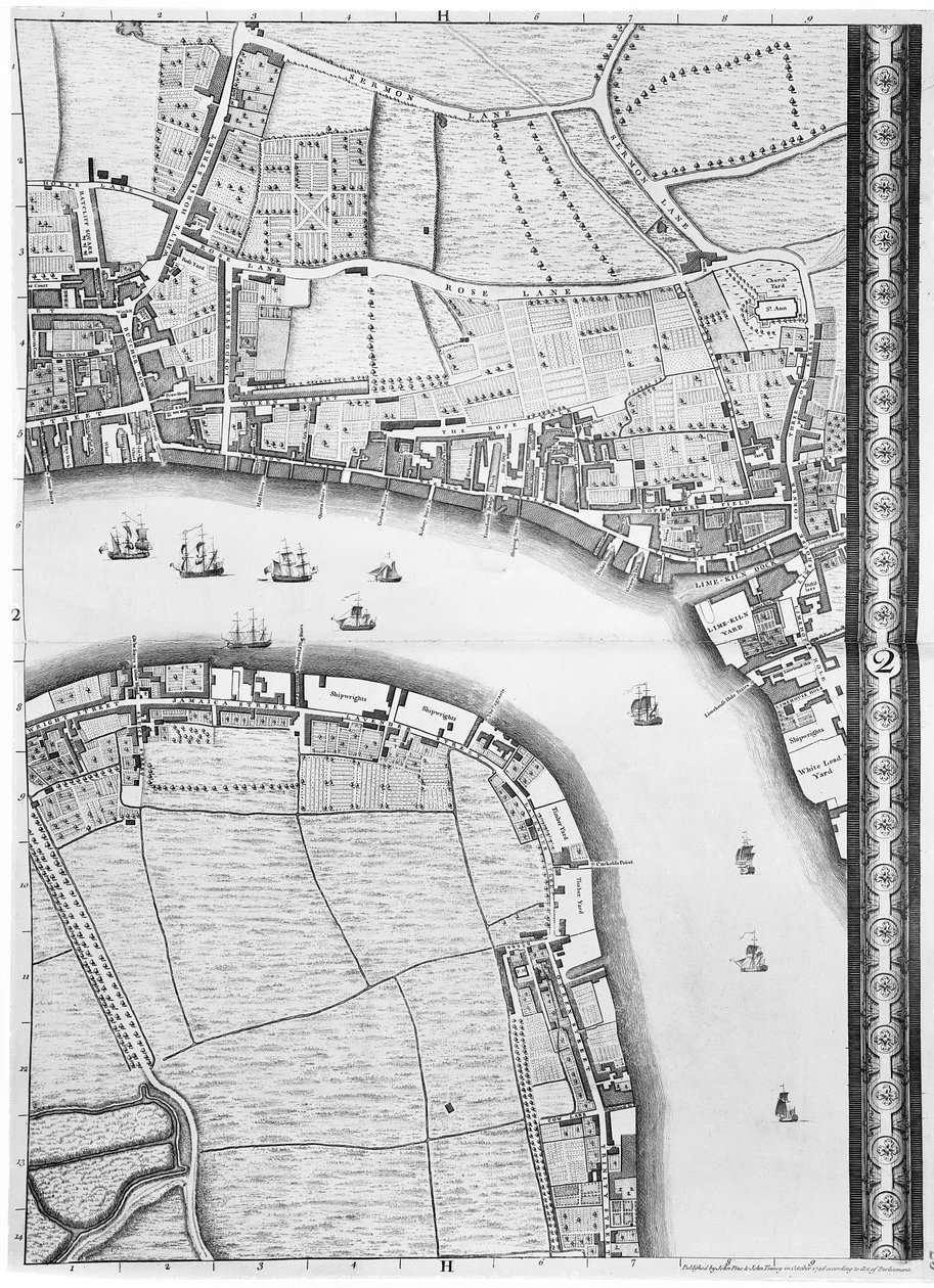 O se Faafanua o Limehouse ma Rotherhithe, Lonetona, 1746 swed av John Rocque