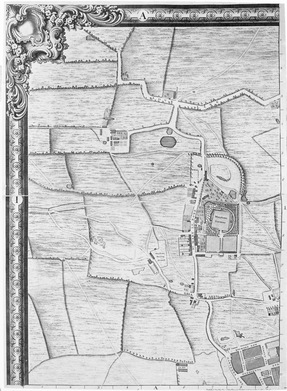 En karta över Marylebone, London, 1746 av John Rocque