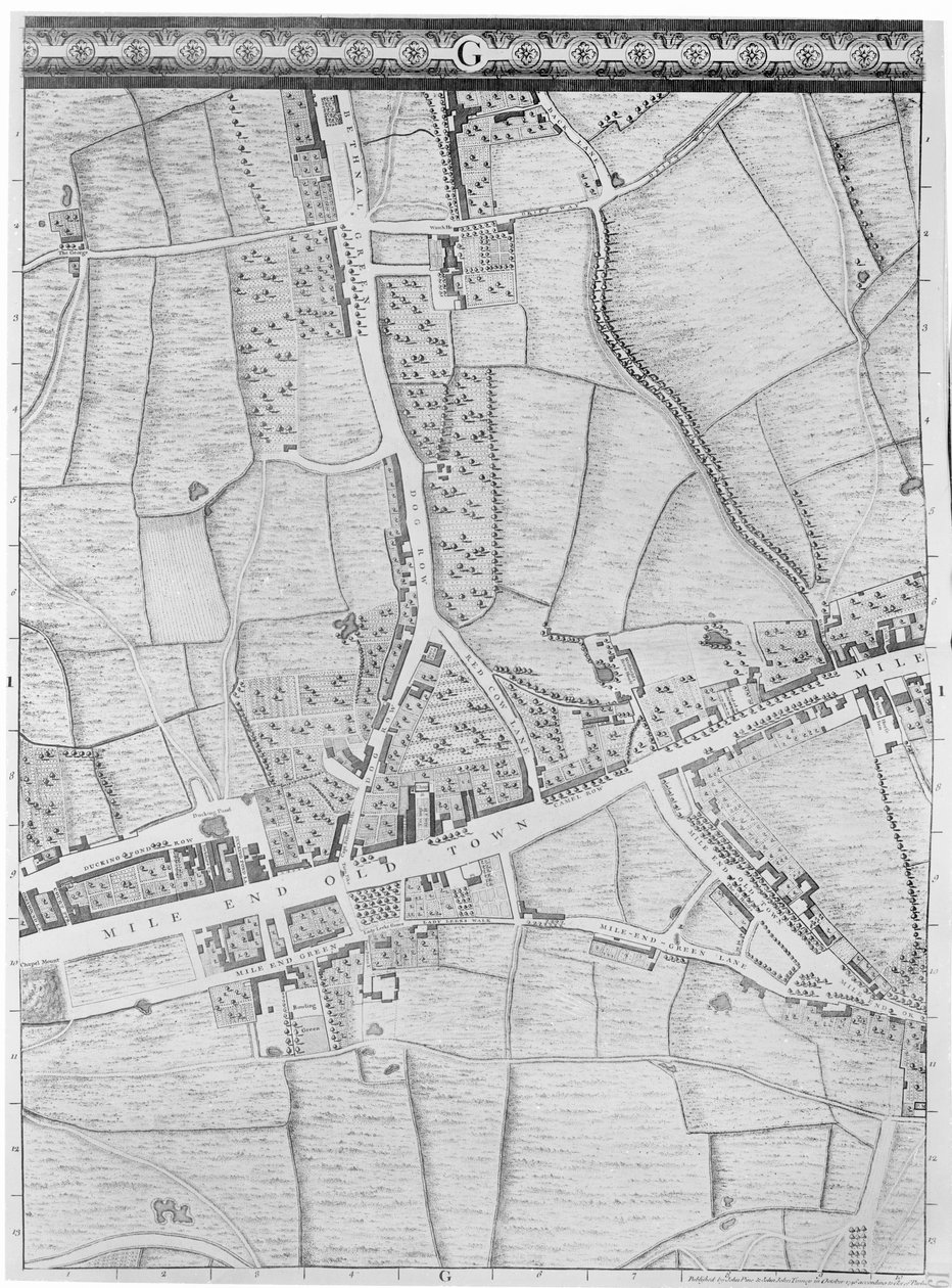 En karta över Mile End, London, 1746 av John Rocque