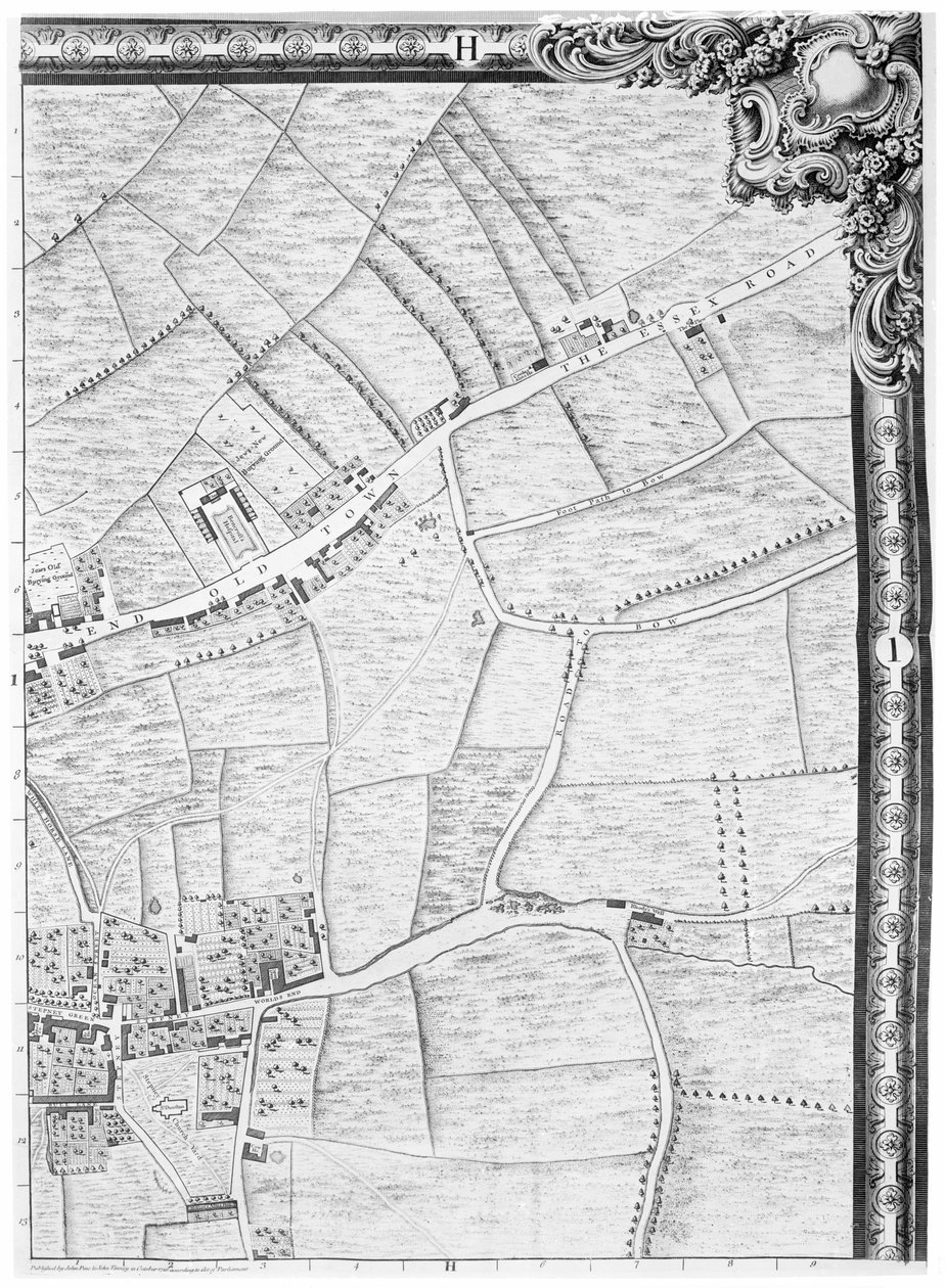 En karta över Mile End och Stepney Green, London, 1746 av John Rocque