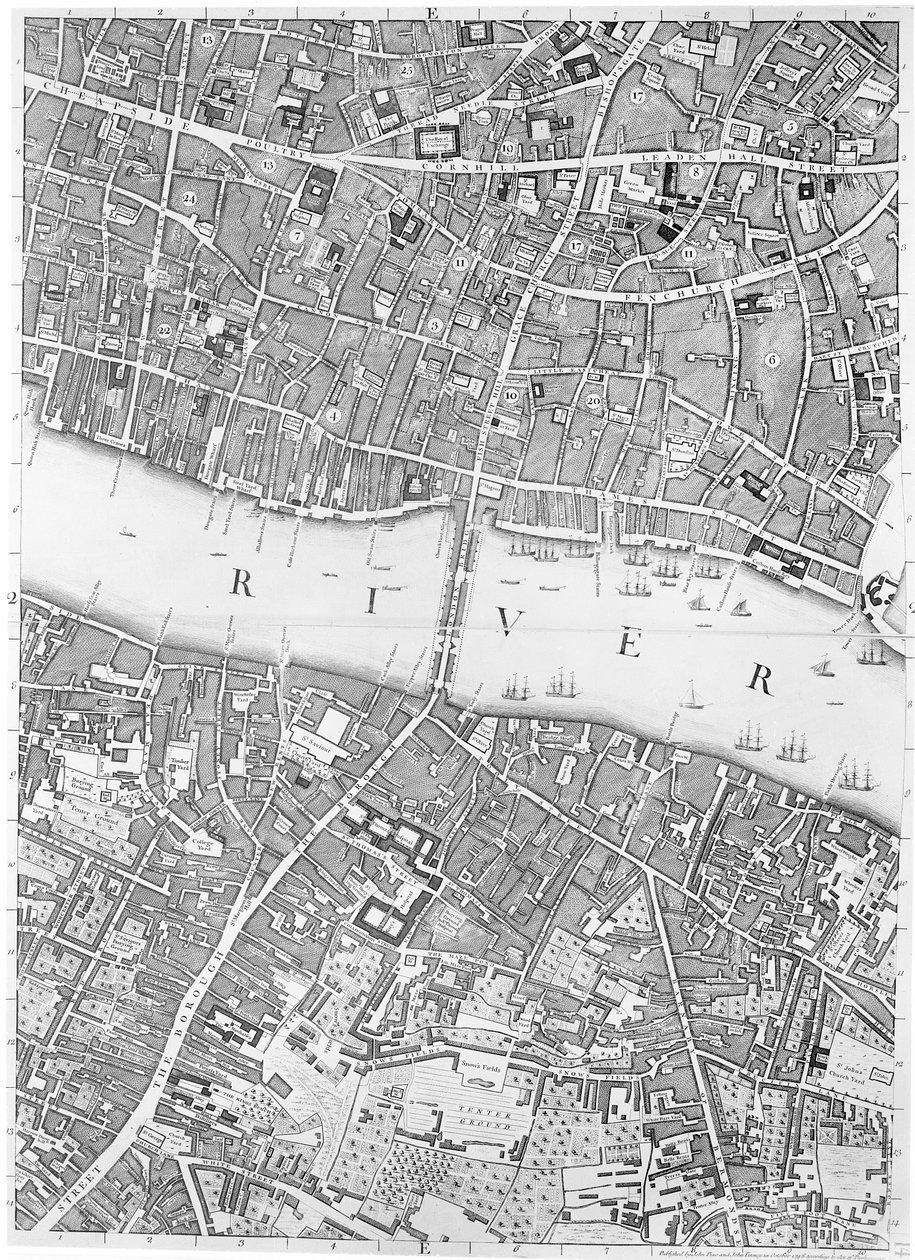 En karta över Old London Bridge, London, 1746 av John Rocque