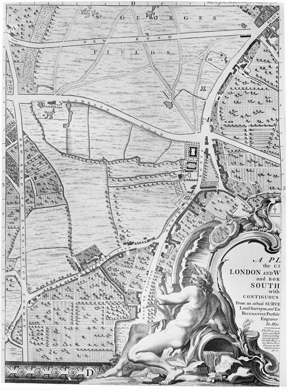 En karta över St Georges Fields och Newington Butts, London, 1746 av John Rocque