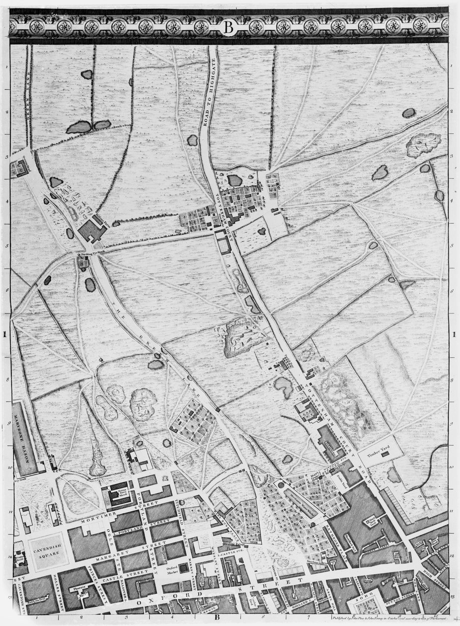 En karta över West End och Soho, London, 1746 av John Rocque