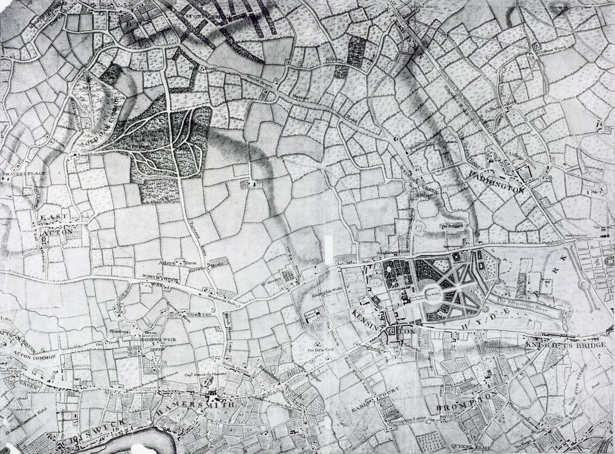 Ett avsnitt av ett ark från undersökningen av London och dess omgivningar, 1741-5, pub. 1769 av John Rocque