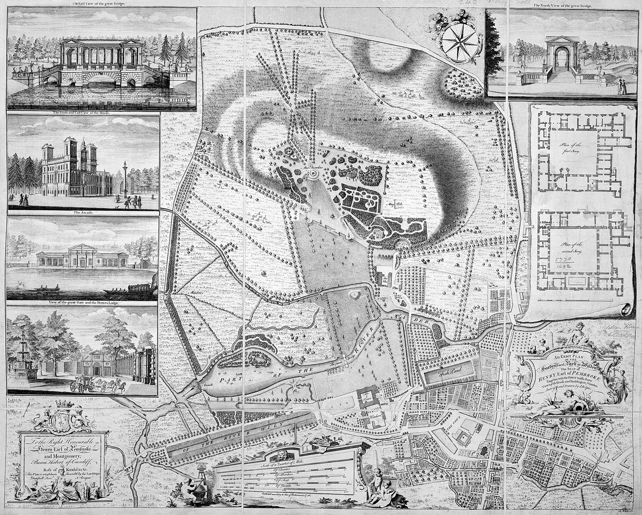 En exakt plan över trädgårdarna och parken i Wilton, residenset för greven av Pembroke, 1746 av John Rocque