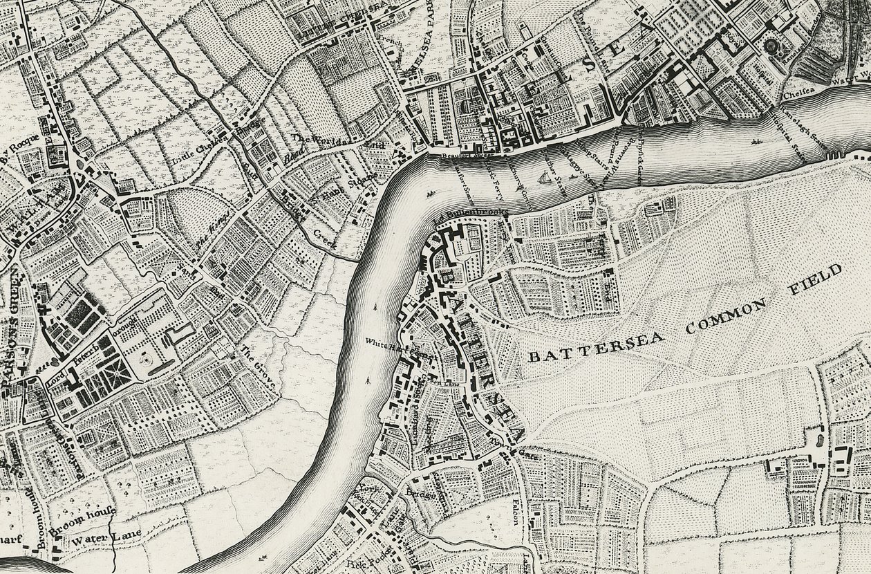 Karta över Battersea och Chelsea, 1748 av John Rocque