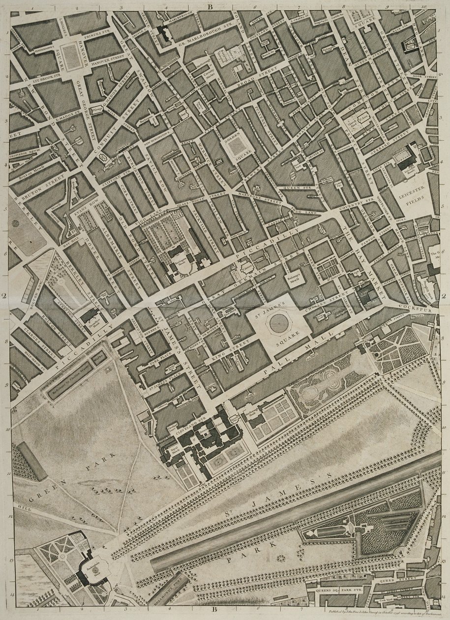 Plan över städerna London och Westminster samt Southwark, graverad av John Tinney, pub. 1746 av John Rocque