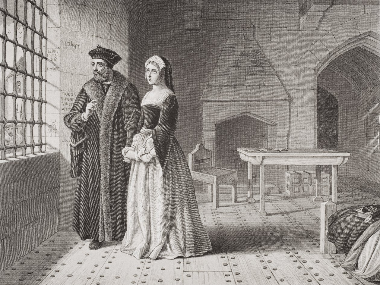 Sir Thomas More (1477-1535) och hans dotter Margaret, när de observerar munkar som ska avrättas från sitt fängelsefönster, från "Illustrations of English and Scottish History" Volume I. av John Rogers Herbert