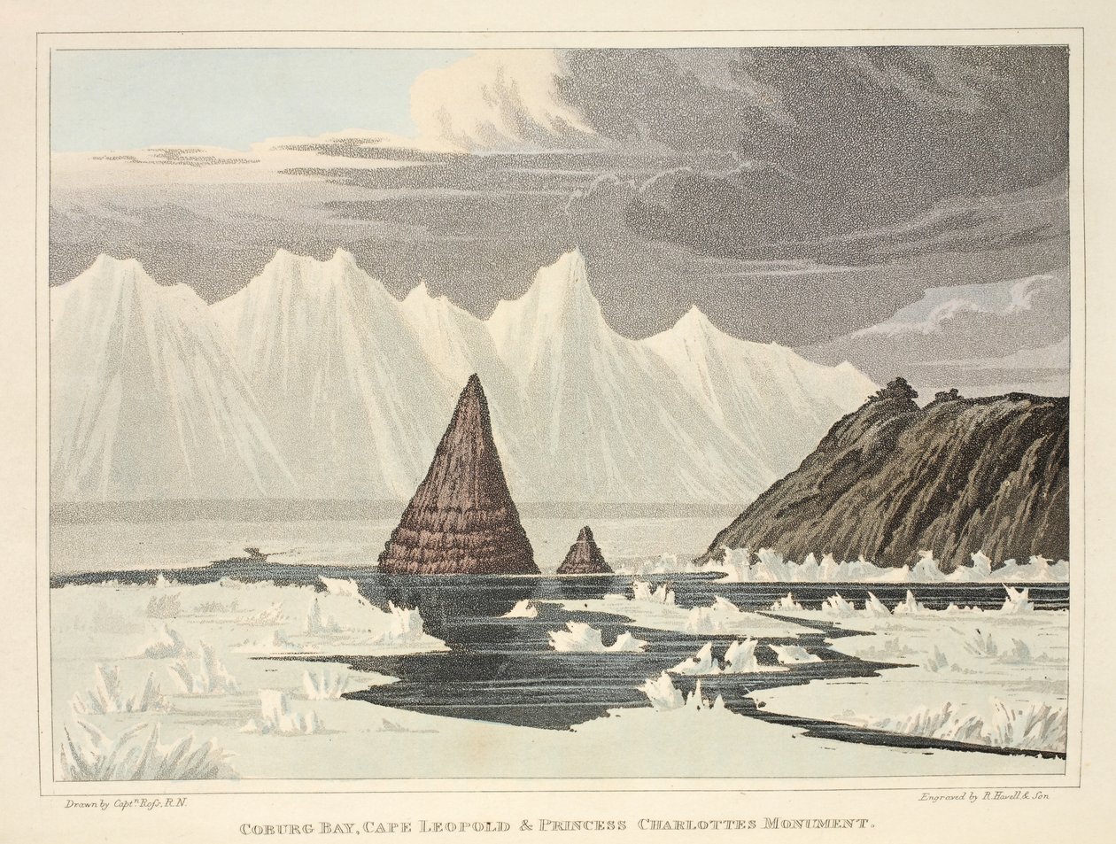 Coburg Bay, Cape Leopold och Princess Charlotte Monument, illustration från "A Voyage of Discovery...", 1819 (handfärgad gravyr) av John Ross