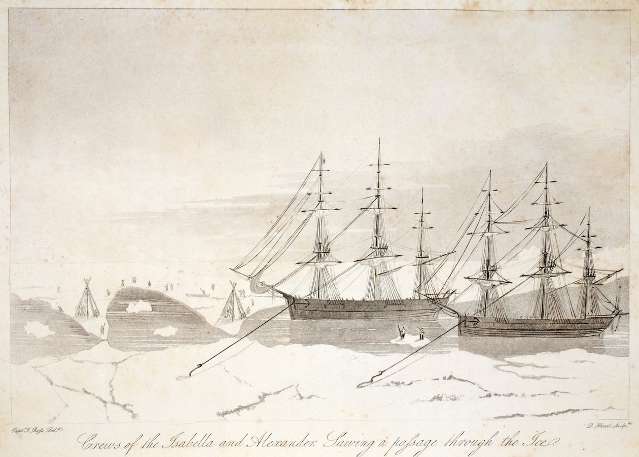 Besättningar av Isabella och Alexander sågar en passage genom isen, illustration från "A Voyage of discovery...", 1819 av John Ross