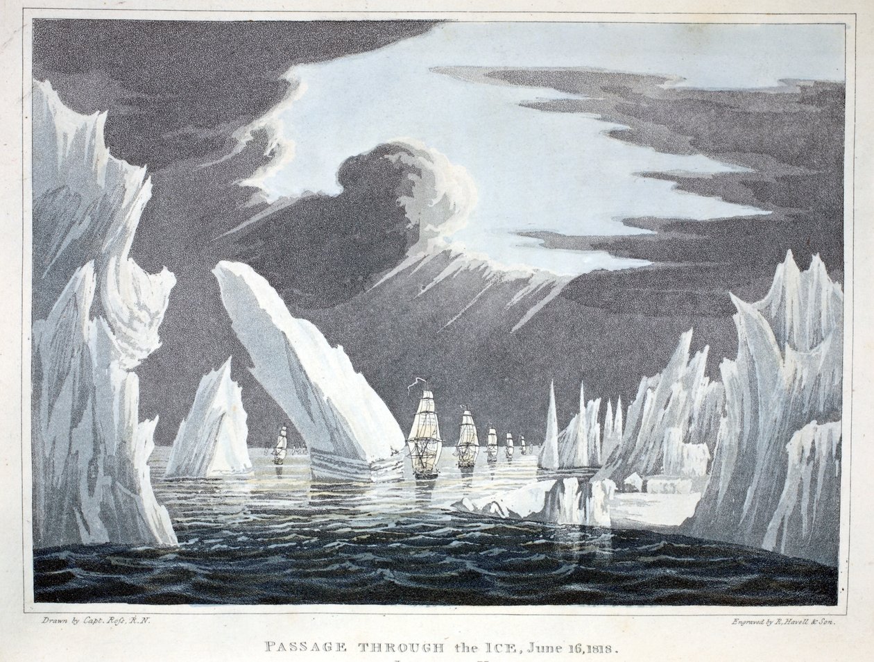 Passage through the Ice, 16 juni 1818, illustration från "A Voyage of Discovery...", 1819 av John Ross