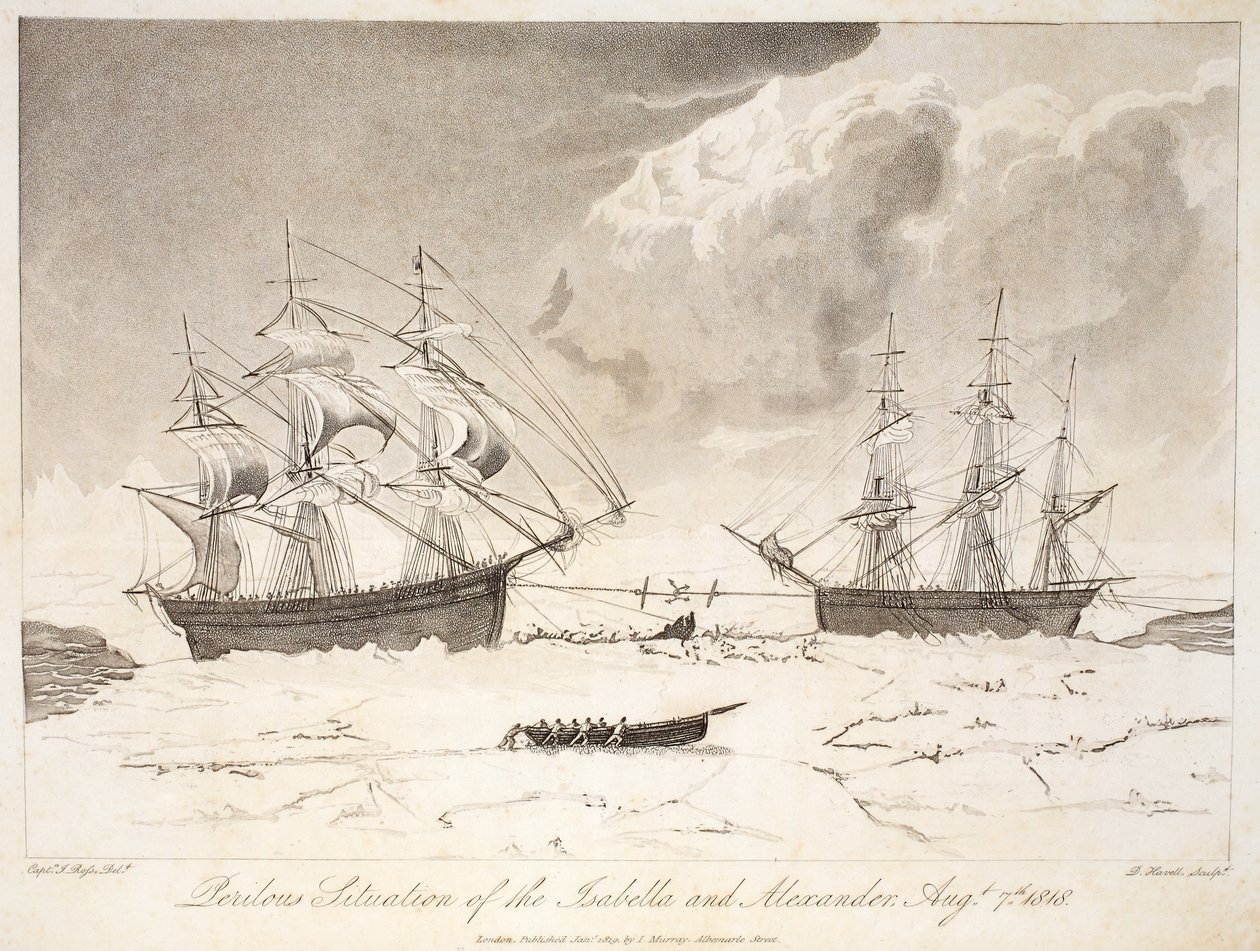Isabella och Alexanders farliga situation, 7 augusti 1818, illustration från "A Voyage of Discovery...", 1819 (handfärgad gravyr) av John Ross