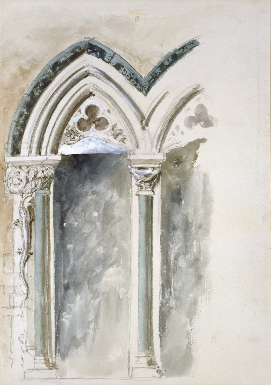 Designstudier för huvudstäder för University Museum, Oxford (Akvarell och gouache över grafit på vitt papper) av John Ruskin