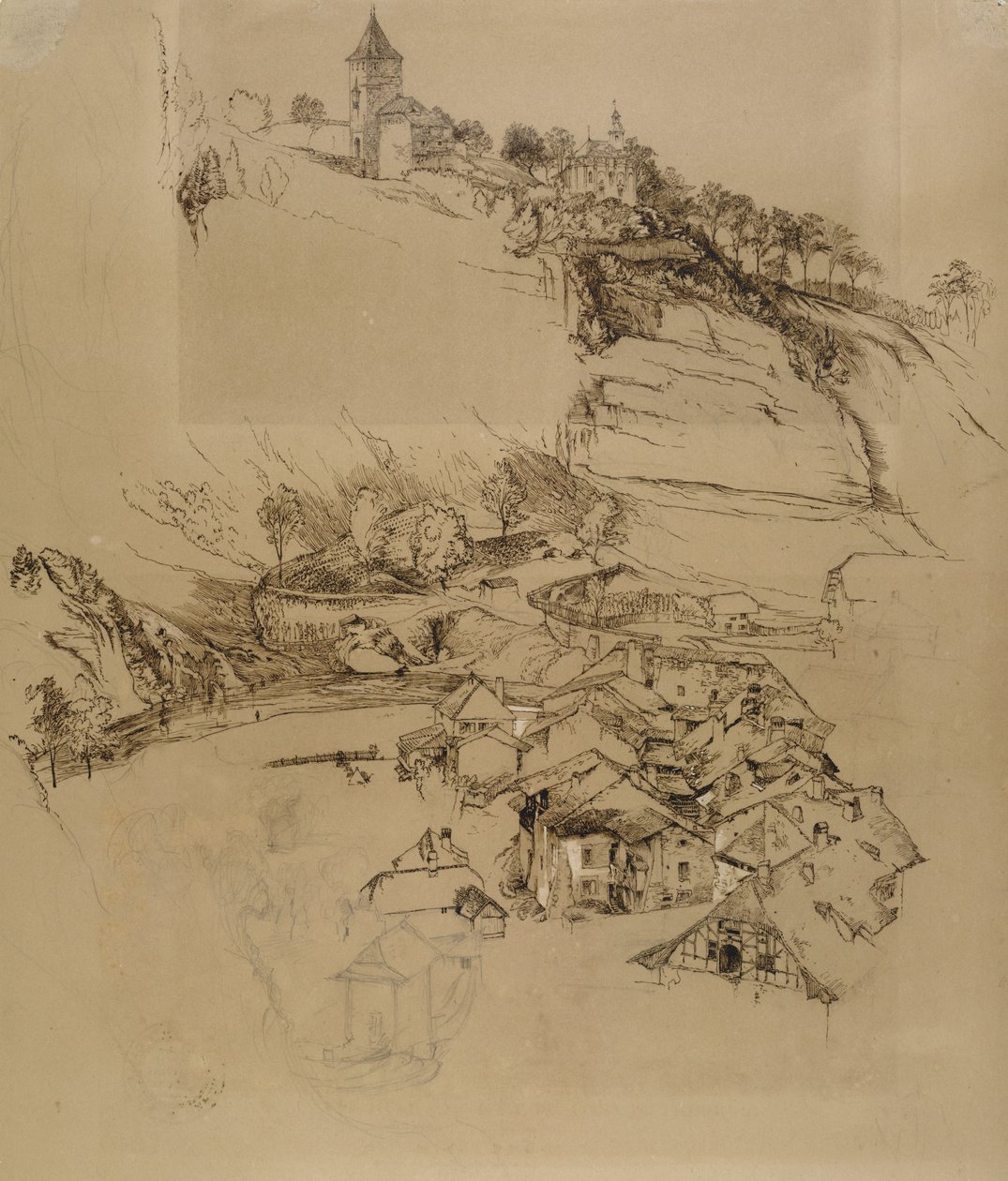 Fribourg, Schweiz: Pennskiss, juli eller augusti - september 1856 (penna och grafit med vit färg på brunt papper) av John Ruskin