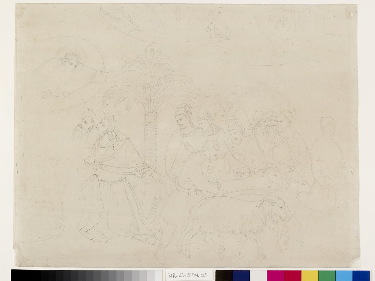 Kontur av en del av Fresken av Jobs vänner i Camposanto i Pisa, tillskriven Taddeo Gaddi, 14-16 maj 1845 (grafit på papper) av John Ruskin