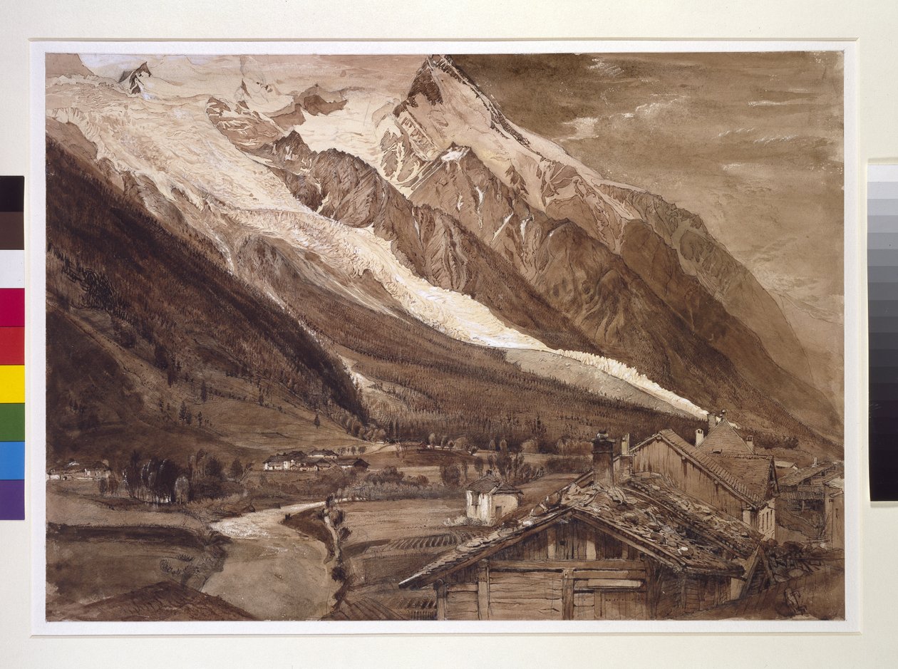 Recto: Glacier des Bossons, Chamonix, juni 1849 (penna och tvätt i sepiabläck och bodycolour, över grafit på velinpapper). av John Ruskin