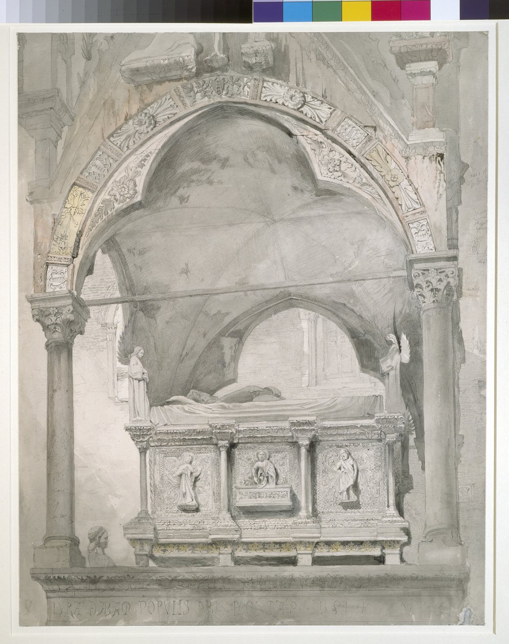 Studie för detalj av sarkofagen och baldakinen av Mastino II della Scalas grav i Verona, 1852 grafit och akvarell på vävt papper av John Ruskin
