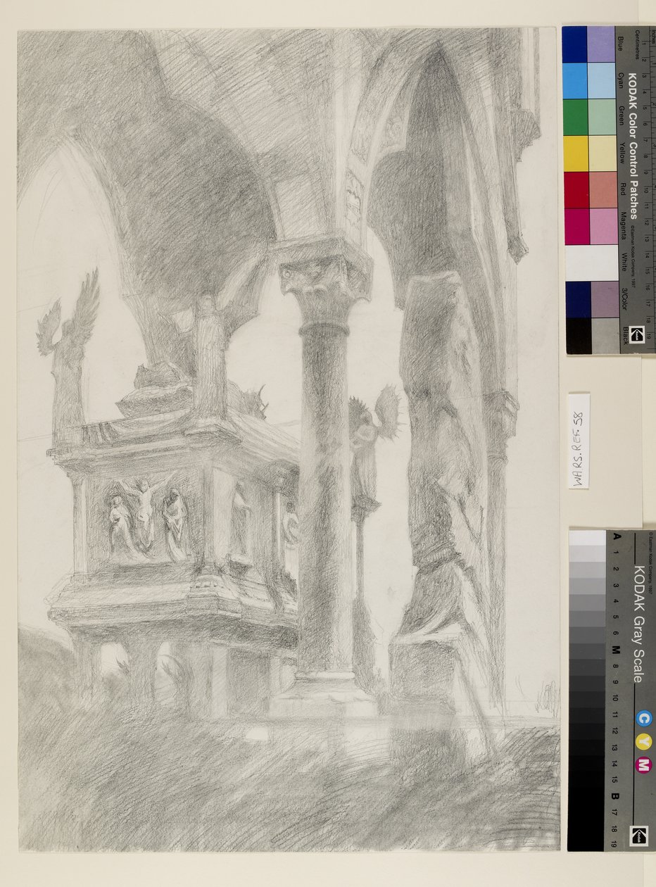 Studie för general Chiaroscuro av sarkofagen och baldakin av Mastino II della Scalas grav i Verona, ca. 1869 (grafit på papper) av John Ruskin