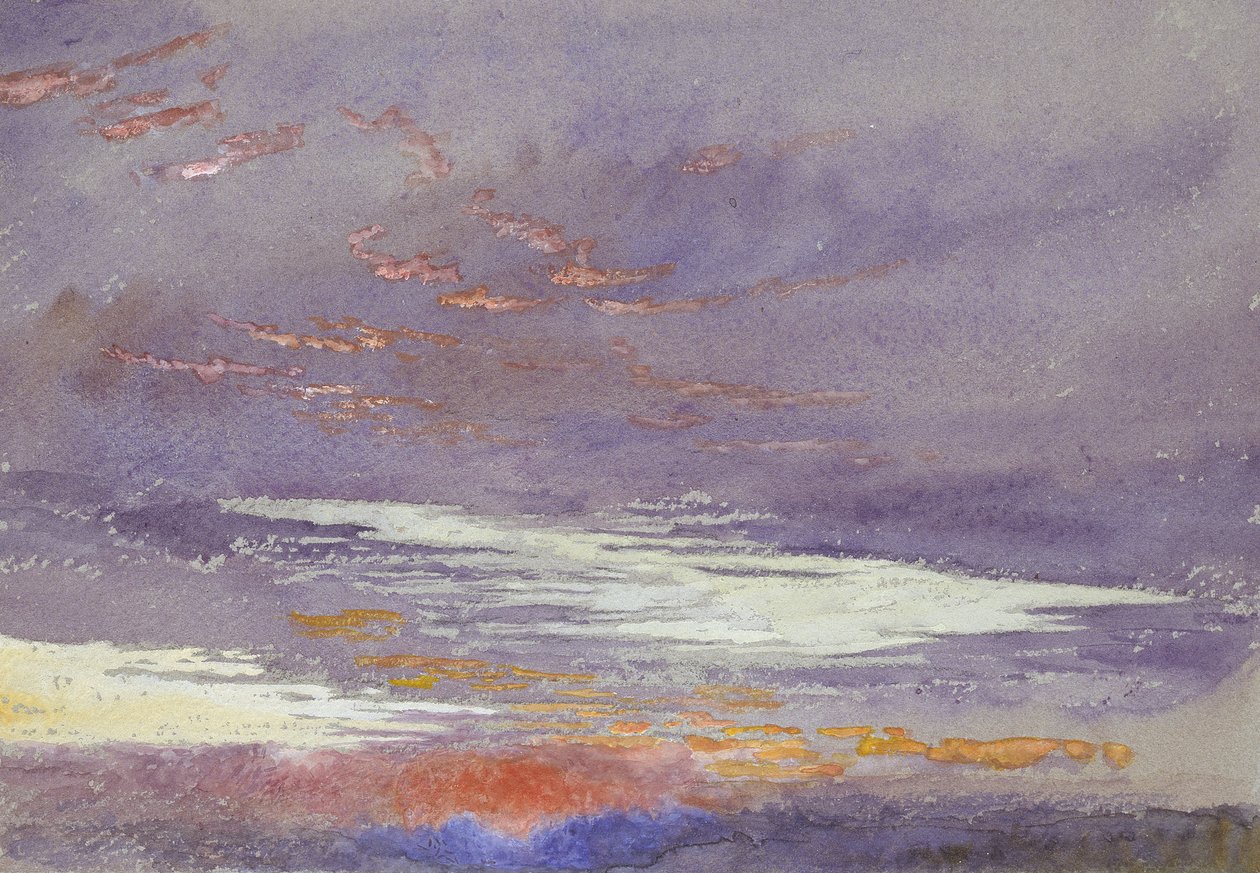Study of Dawn: purple Clouds, mars 1868 (akvarell och kroppsfärg över svaga grafitlinjer på blågrått papper) av John Ruskin