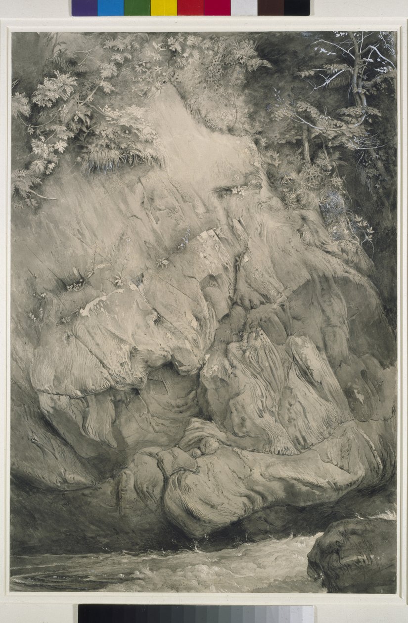 Studie av Gneiss Rock, Glenfinlas, 1853-54 (penna, tvätt och gouache på papper) av John Ruskin