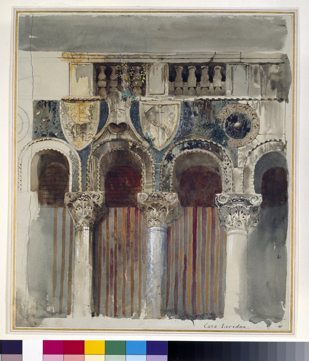 Studie av marmorinläggningen på framsidan av Casa Loredan, Venedig, september - oktober 1845 (akvarell, kroppsfärg och penna och bläck över grafit på ljusgrått vävt papper) av John Ruskin