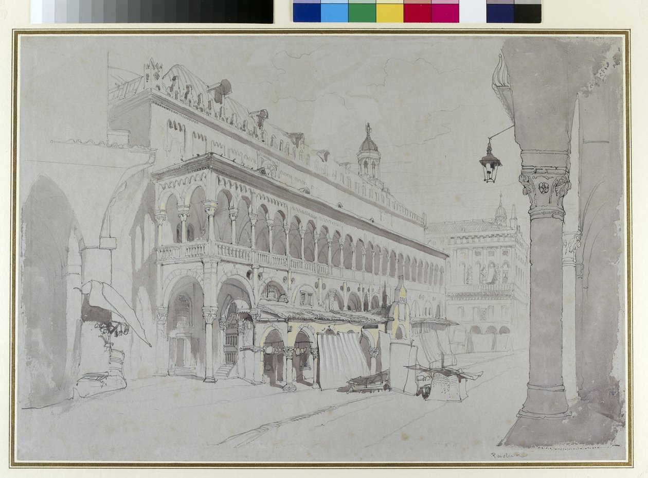 Palazzo della Ragione och Piazza delle Erbe, Padua, maj 1841 (grafit, akvarell, kroppsfärg och penna och bläck på grått papper) av John Ruskin