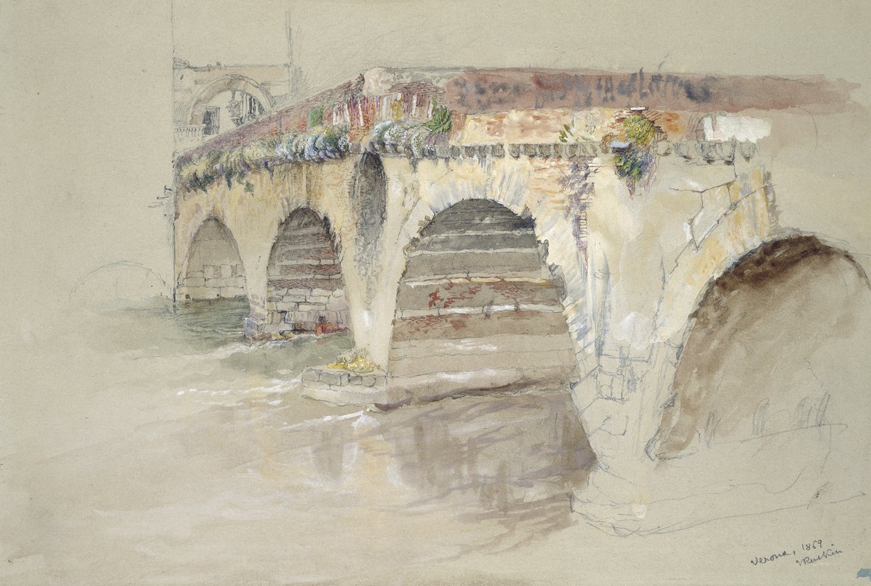 Ponte della Pietra, Verona, 14 - 17 juni 1869 (akvarell och kroppsfärg över grafit på grått vävt papper) av John Ruskin
