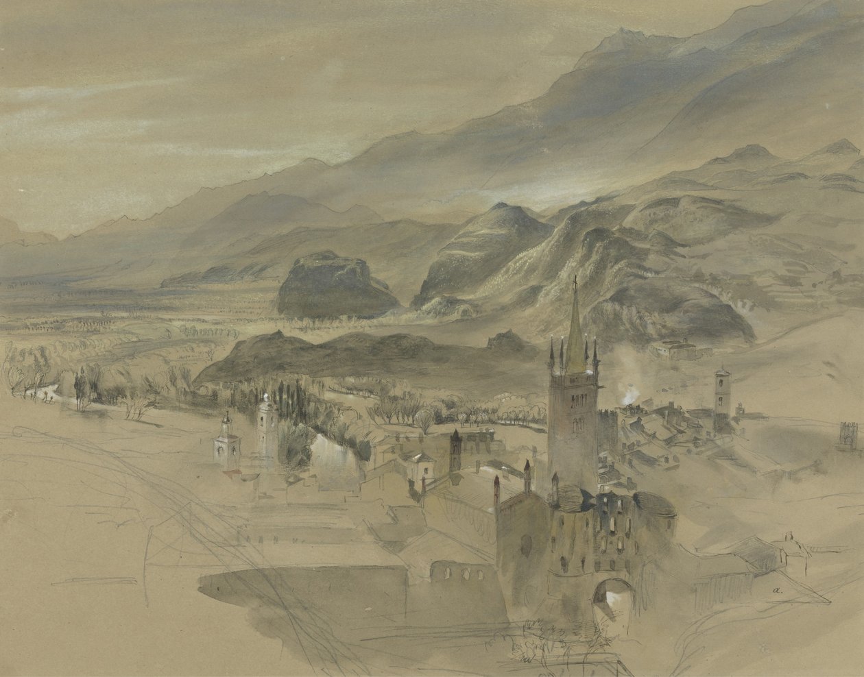 d Utsikt över Sion, Valais, från Chateau de Valere, ca 1863 (wc och kroppsfärg över grafit på papper) av John Ruskin