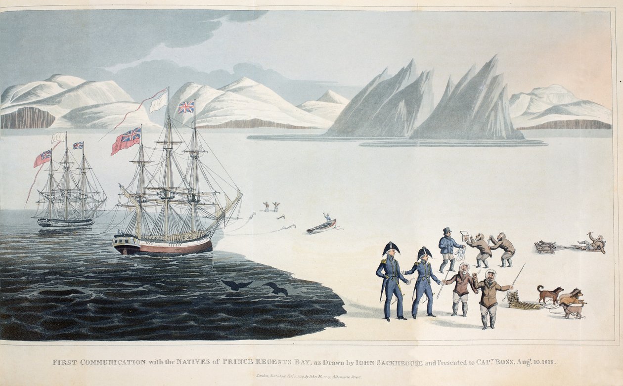 Första kommunikationen med infödingarna i Regents Bay den 10 augusti 1818, illustration från A Voyage of Discovery..., 1819 färglitho av John Sackhouse