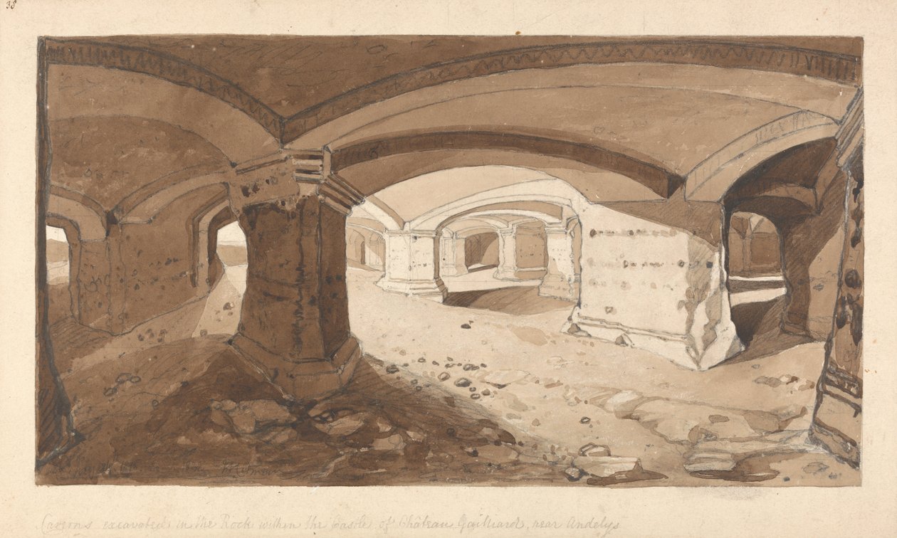 Grottor utgrävda i berget på slottet Chateau Gaillard, nära Andelys, Normandie av John Sell Cotman