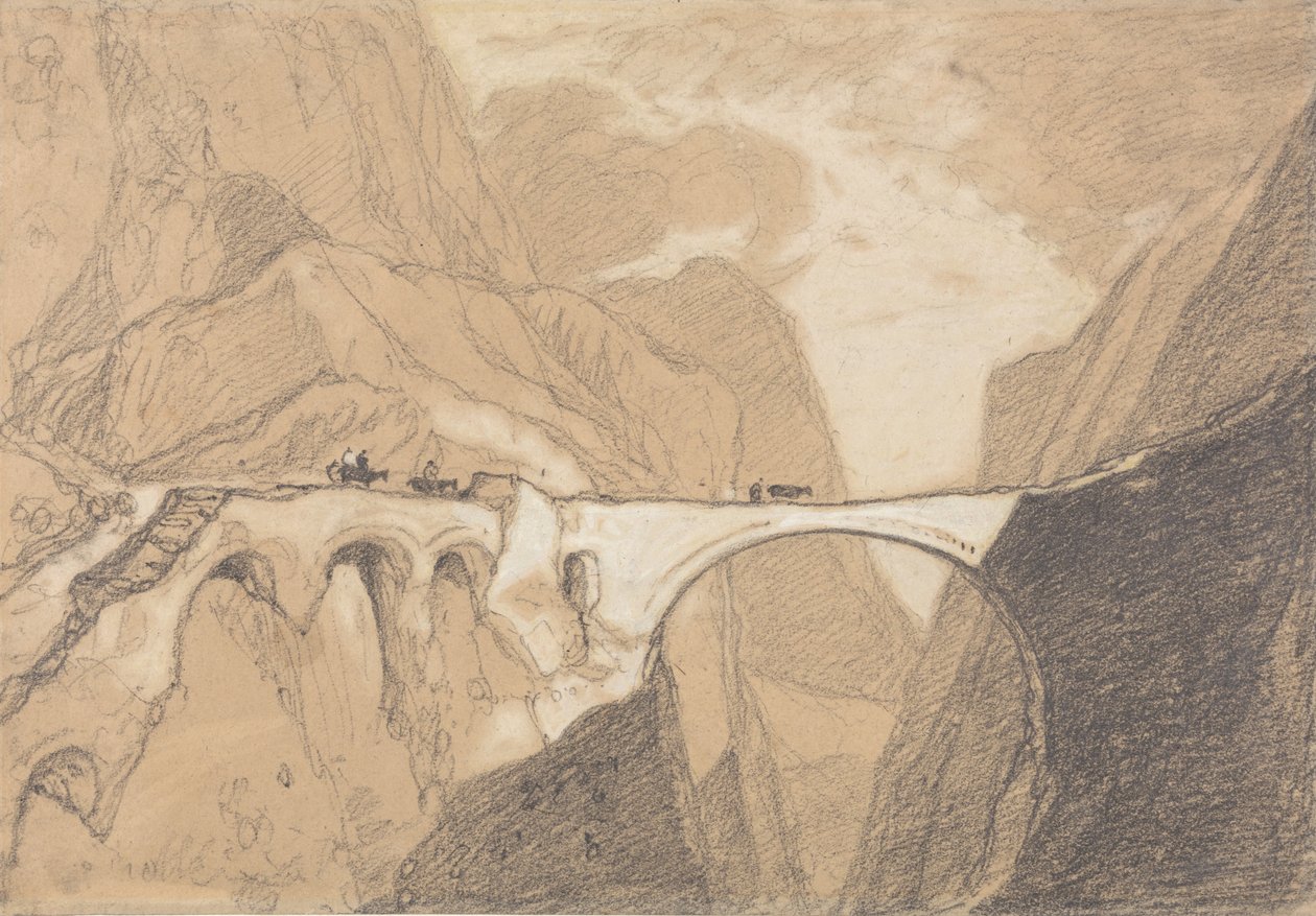 Resenärer som korsar en bro över en alpklyfta av John Sell Cotman