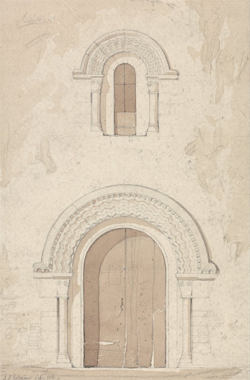 Västra dörröppningen och fönstret i kyrkan Ham nära Valognes, Normandie av John Sell Cotman