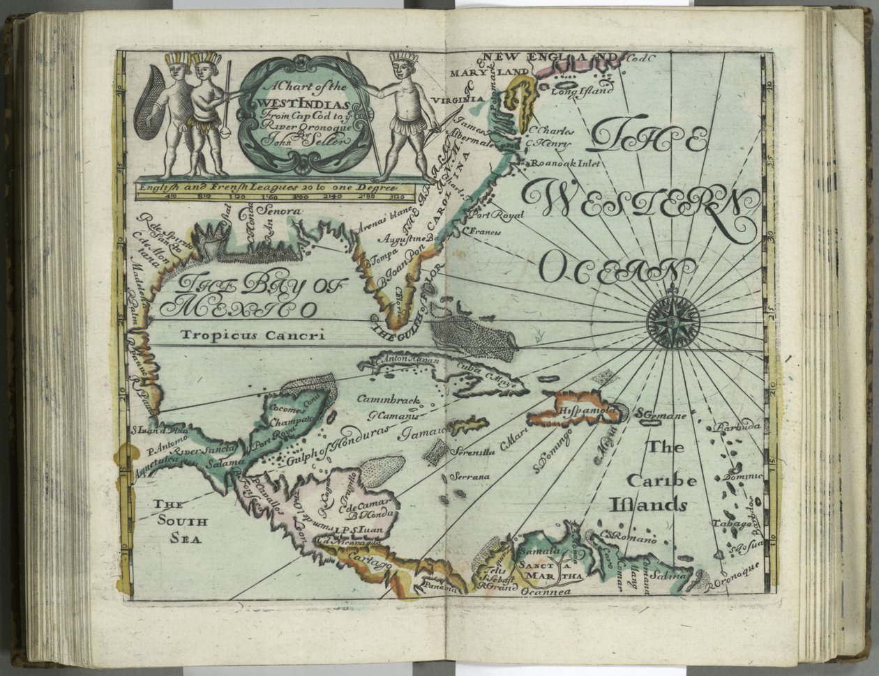 Ett diagram över Västindien från Cape Cod till floden Oronoque från Atlas maritimus av John Seller, 1682 (handfärgad gravyr) av John Seller
