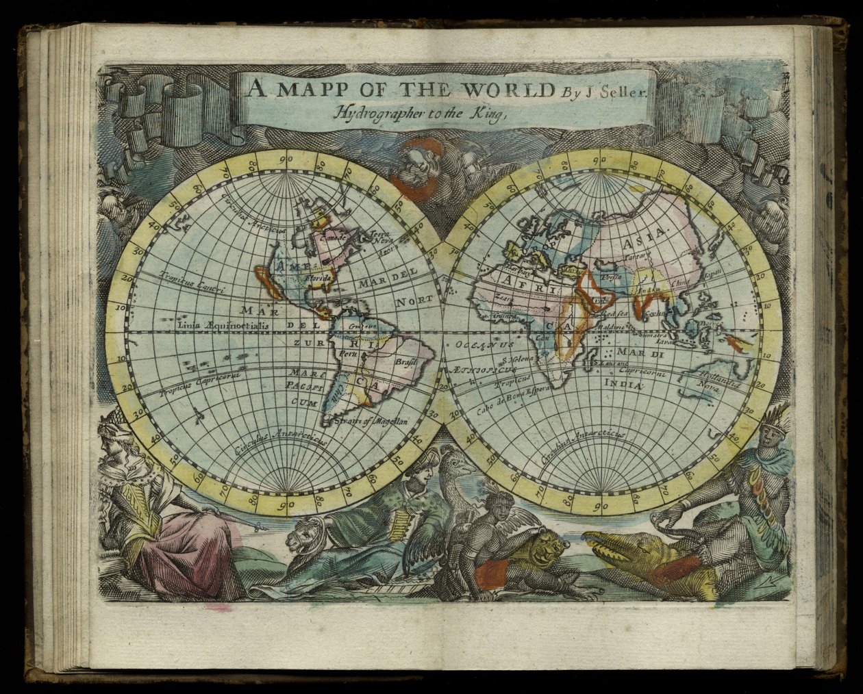 En karta över världen från Atlas maritimus av John Seller, 1682 (handfärgad gravyr) av John Seller
