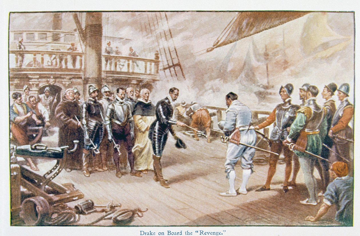 Sir Francis Drake (ca 1540-96) ombord på "Revenge", illustration från "Lives of Great Men Told by Great Men", redigerad av Richard Wilson, ca 1920-talet av John Seymour Lucas