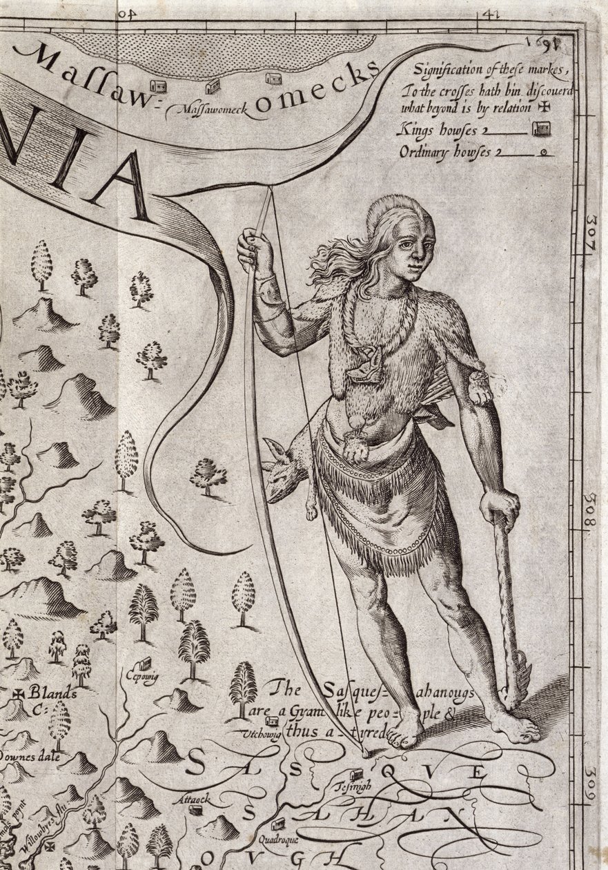 Susquehannock krigare, detalj från Karta över Virginia, graverad av William Hole (fl. 1607-24), publicerad 1612 (se 174211) av John Smith 2