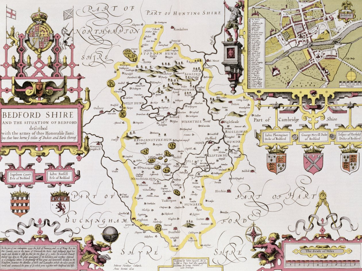 Bedfordshire och situationen för Bedford, graverad av Jodocus Hondius (1563-1612) från John Speeds "Theatre of the Empire of Great Britain", pub. av John Sudbury och George Humble, 1611-12 (hand kol av John Speed