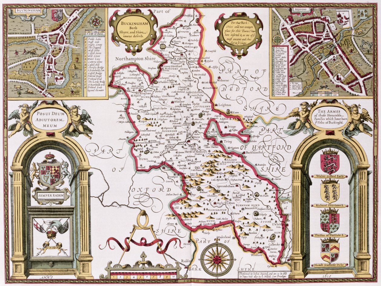 Buckinghamshire, graverad av Jodocus Hondius (1563-1612) från John Speeds "Theatre of the Empire of Great Britain", pub. av John Sudbury och George Humble, 1611-12 (handfärgad kopparstick) av John Speed