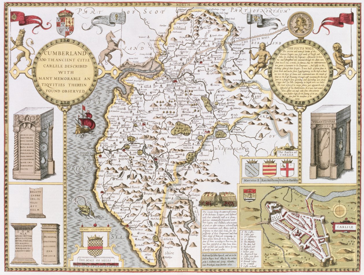 Cumberland och den antika staden Carlile, graverad av Jodocus Hondius (1563-1612) från John Speeds "Theatre of the Empire of Great Britain", pub. av John Sudbury och George Humble, 1611-12 (hand co av John Speed