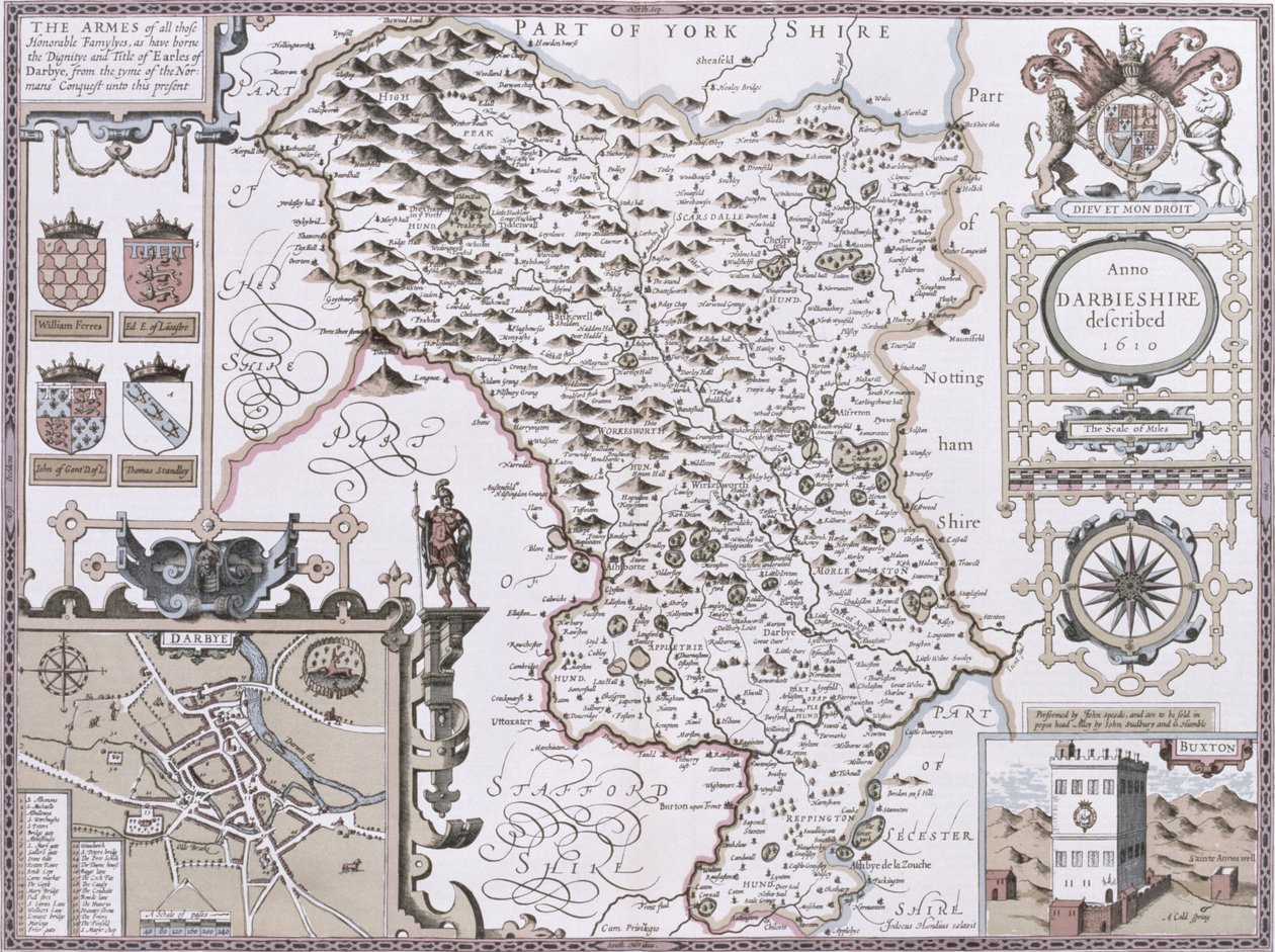 Darbieshire, graverad av Jodocus Hondius (1563-1612) från John Speeds "Theatre of the Empire of Great Britain", pub. av John Sudbury och George Humble, 1611-12 (handfärgad kopparstick) av John Speed