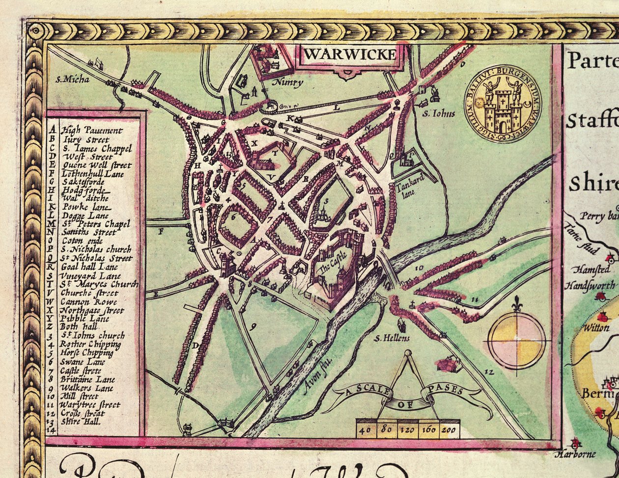 Detalj av Warwick, från grevskapet Warwick, Shire Town och City of Coventry, från John Speeds "Theatre of the Empire of Great Britain", graverad av Jodocus Hondius (1567-1611), pub. av John Su av John Speed