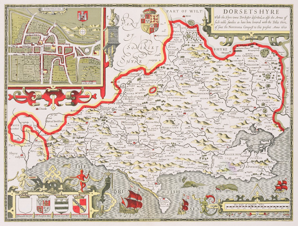 Dorsetshire, graverad av Jodocus Hondius (1563-1612) från John Speeds Theatre of the Empire of Great Britain, pub. av John Sudbury och George Humble, 1611-12 (handfärgad kopparstick) av John Speed
