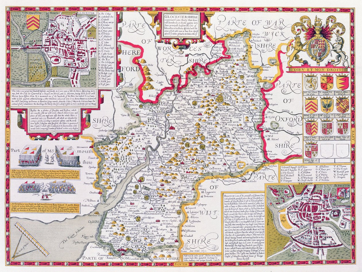 Gloucestershire, graverad av Jodocus Hondius (1563-1612) från John Speeds "Theatre of the Empire of Great Britain", pub. av John Sudbury och George Humble, 1611-12 (handfärgad kopparstick) av John Speed