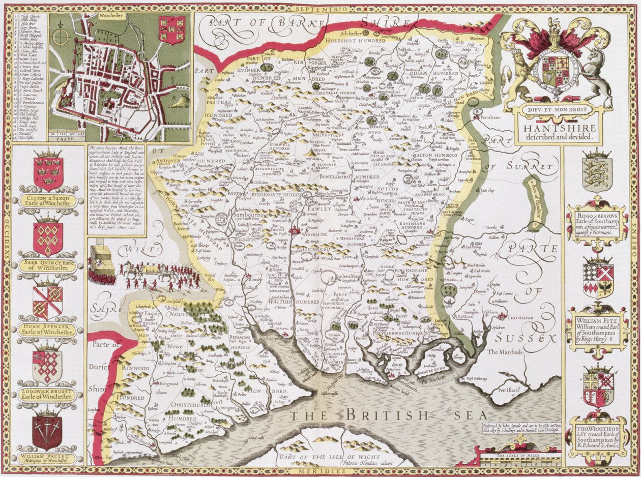 Hantshire, graverad av Jodocus Hondius (1563-1612) från John Speeds "Theatre of the Empire of Great Britain", pub. av John Sudbury och George Humble, 1611-12 (handfärgad kopparstick) av John Speed