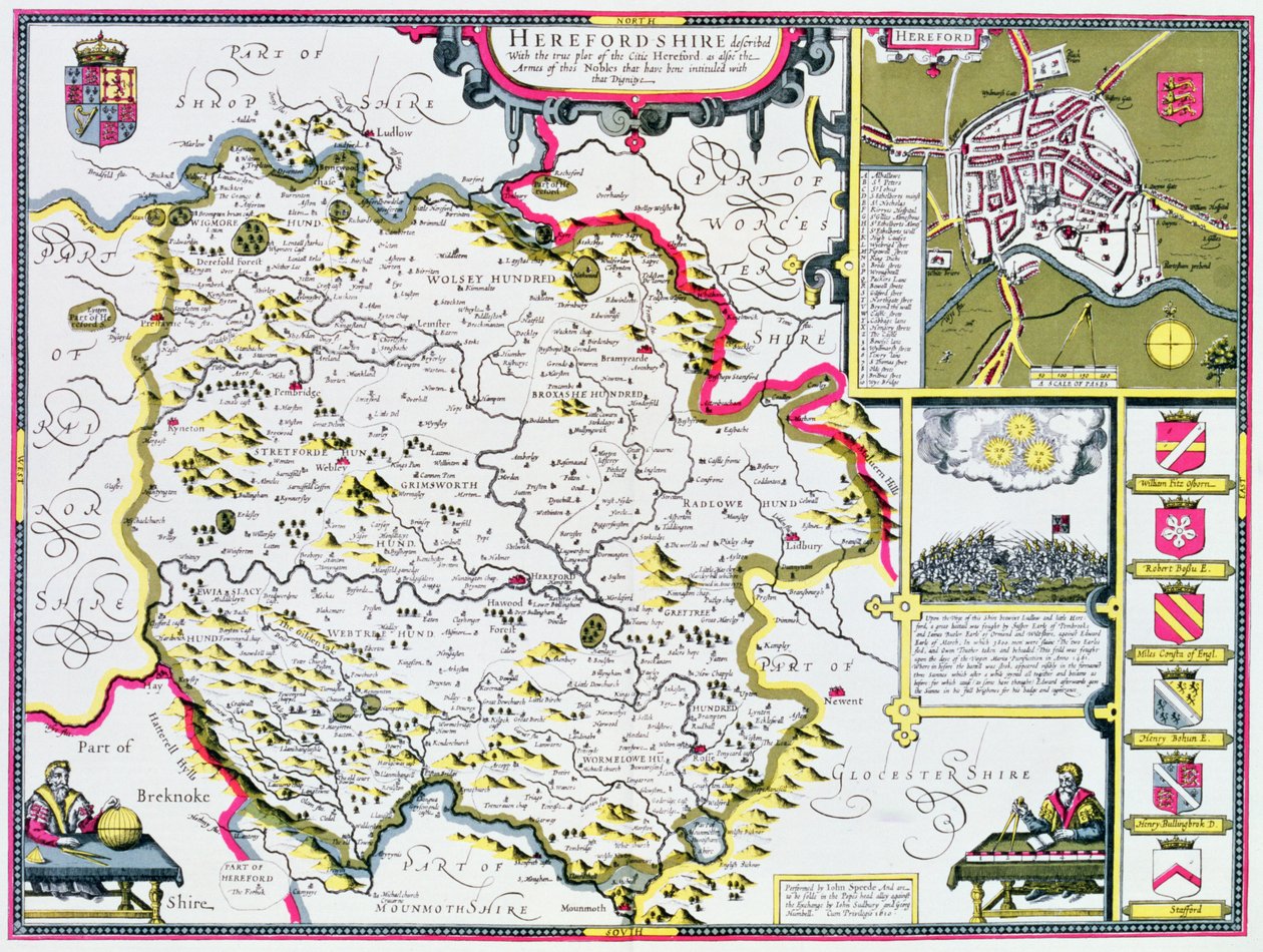Herefordshire, graverad av Jodocus Hondius (1563-1612) från John Speeds "Theatre of the Empire of Great Britain", pub. av John Sudbury och George Humble, 1611-12 (handfärgad kopparstick) av John Speed
