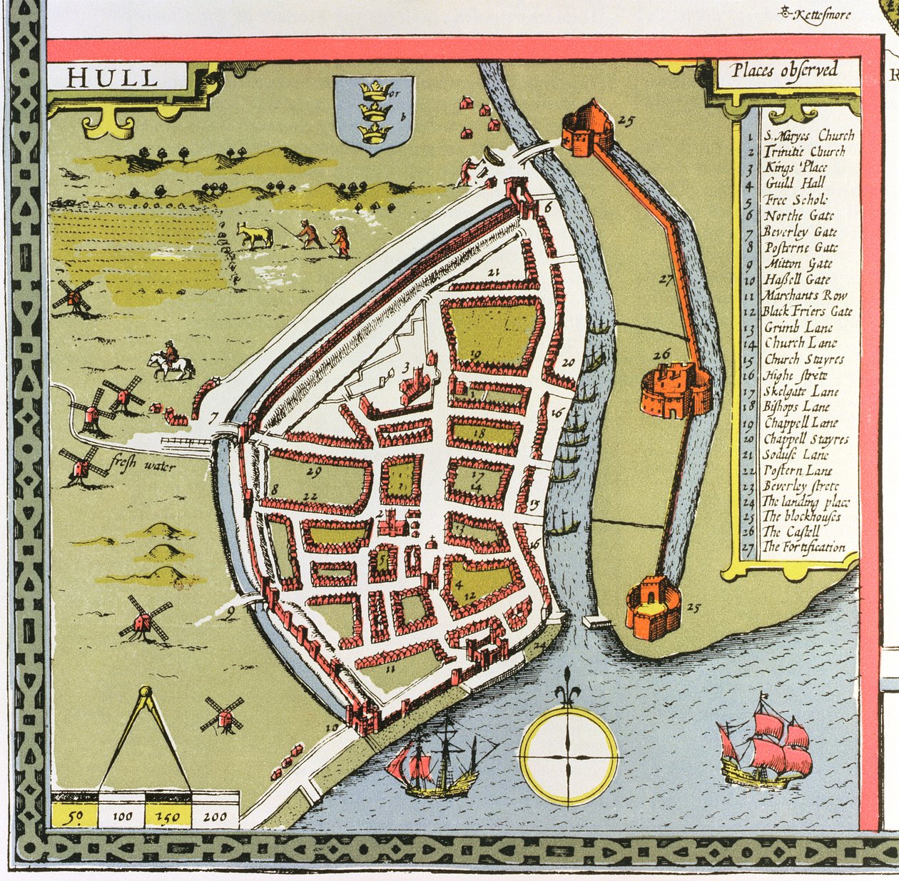 Skrov, detalj från kartan över North and East Ridings of Yorkshire, graverad av Jodocus Hondius (1563-1612) från John Speeds "Theatre of the Empire of Great Britain", pub. av John Sudbury och Georg av John Speed