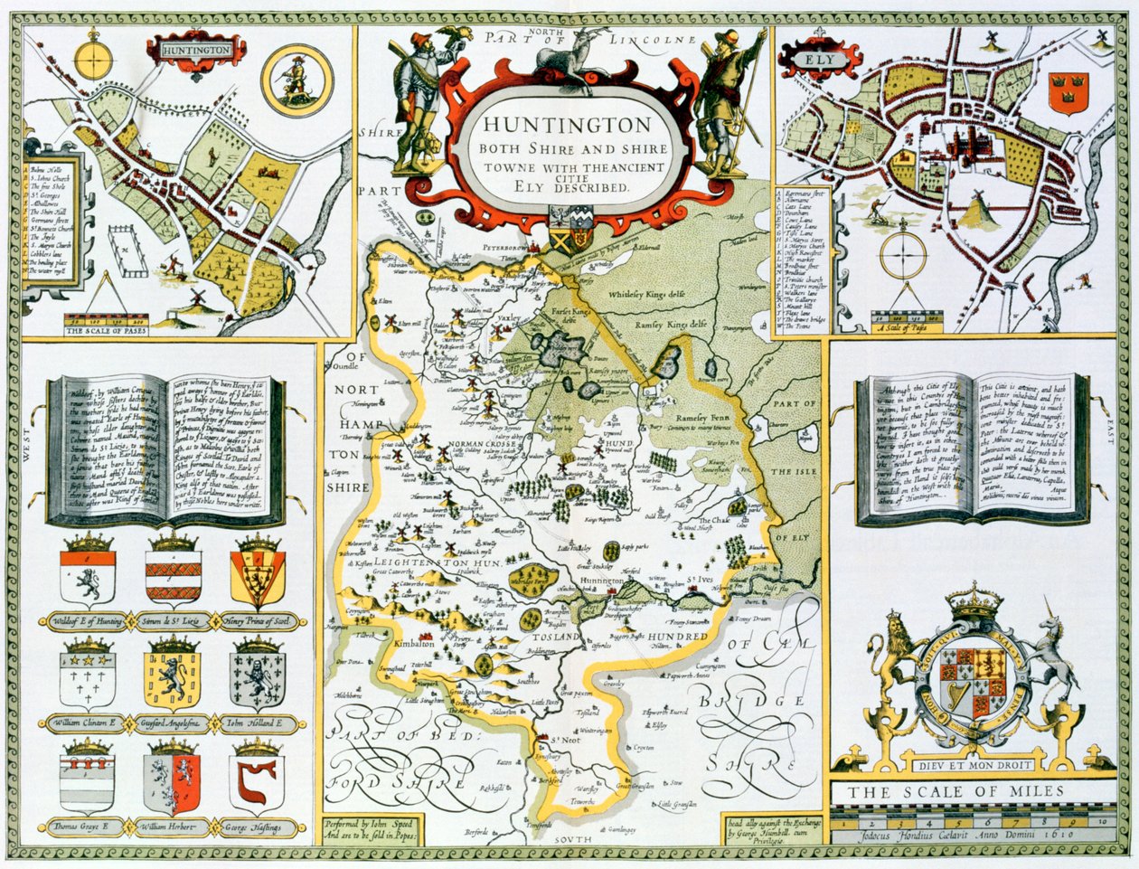 Huntington, graverad av Jodocus Hondius (1563-1612) från John Speeds "Theatre of the Empire of Great Britain", pub. av John Sudbury och George Humble, 1611-12 (handfärgad kopparstick) av John Speed
