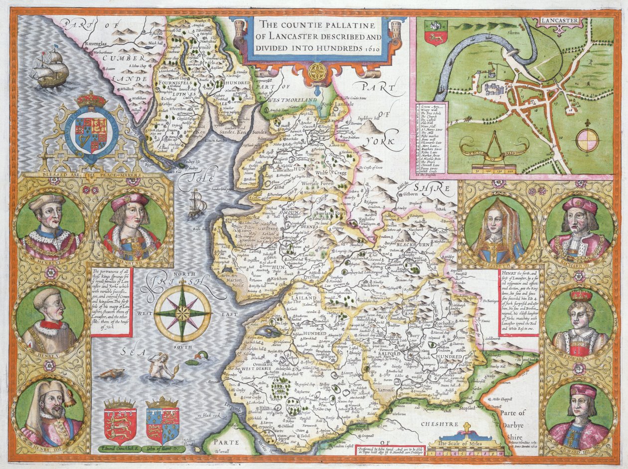 Lancashire 1610, från John Speeds "Theatre of the Empire of Great Britaine", första upplagan, pub. 1611-12 (handfärgad kopparstick) av John Speed