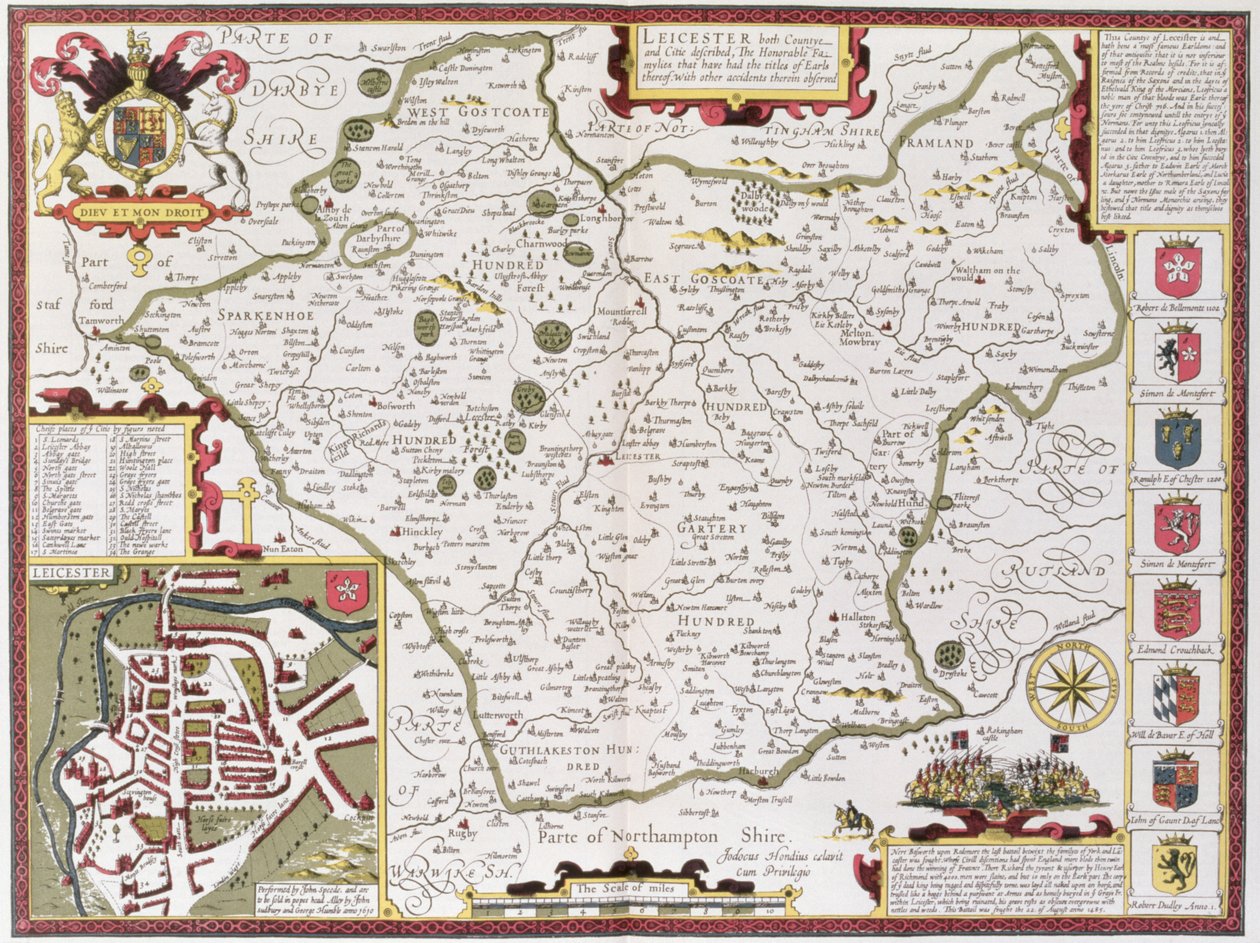 Leicester, graverad av Jodocus Hondius (1563-1612) från John Speeds "Theatre of the Empire of Great Britain", pub. av John Sudbury och George Humble, 1611-12 (handfärgad kopparstick) av John Speed