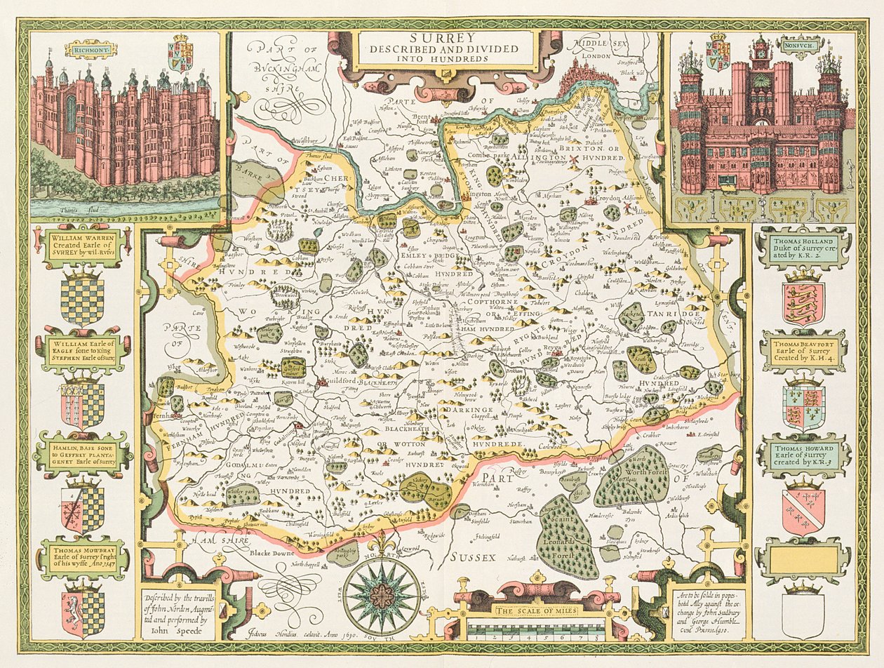 Karta över Surrey, graverad av Jodocus Hondius (1563-1612) från John Speeds Theatre of the Empire of Great Britain, pub. av John Sudbury och George Humble, 1611-12 (handfärgad kopparstick) av John Speed